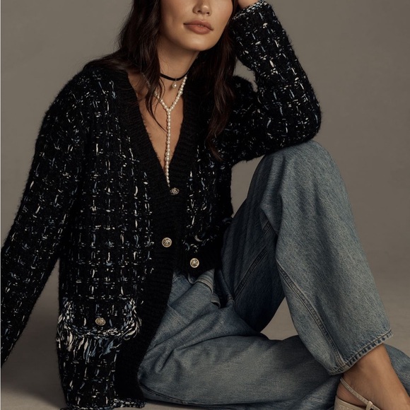 Anthropologie Tweed Fringe Cardigan Sweater Size M - Picture 2 of 8